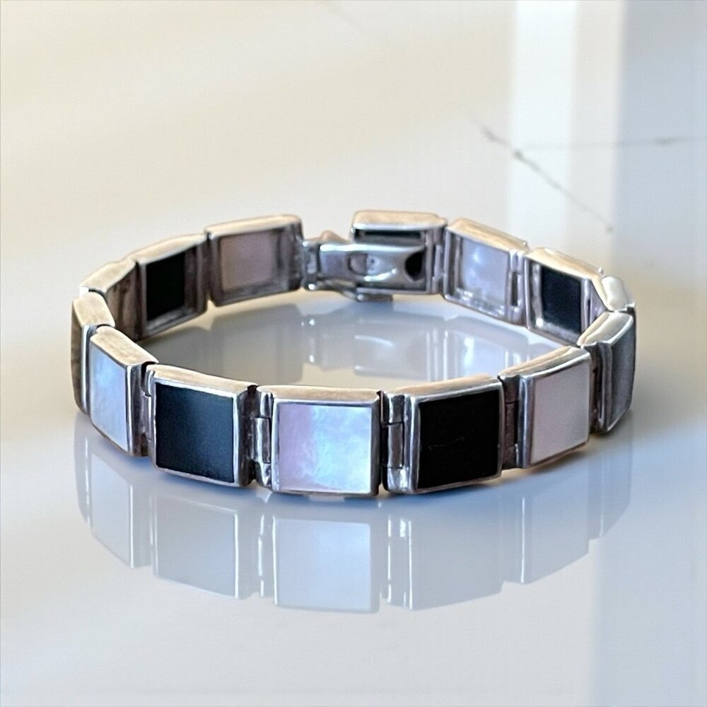 Vintage Sterling Silver Black Onyx Mother of Pearl Link Panel Bracelet 925 7"